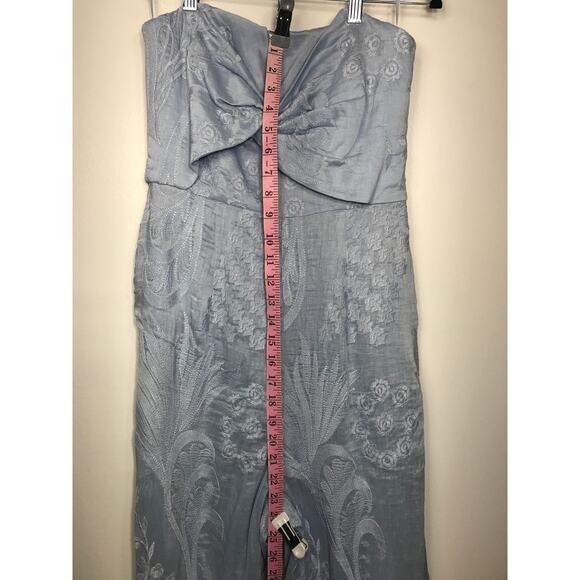 Anthro Aijek Womens 4 Silk Linen Blue Wide Leg Jumpsuit Strapless Cottagecore - Picture 8 of 10